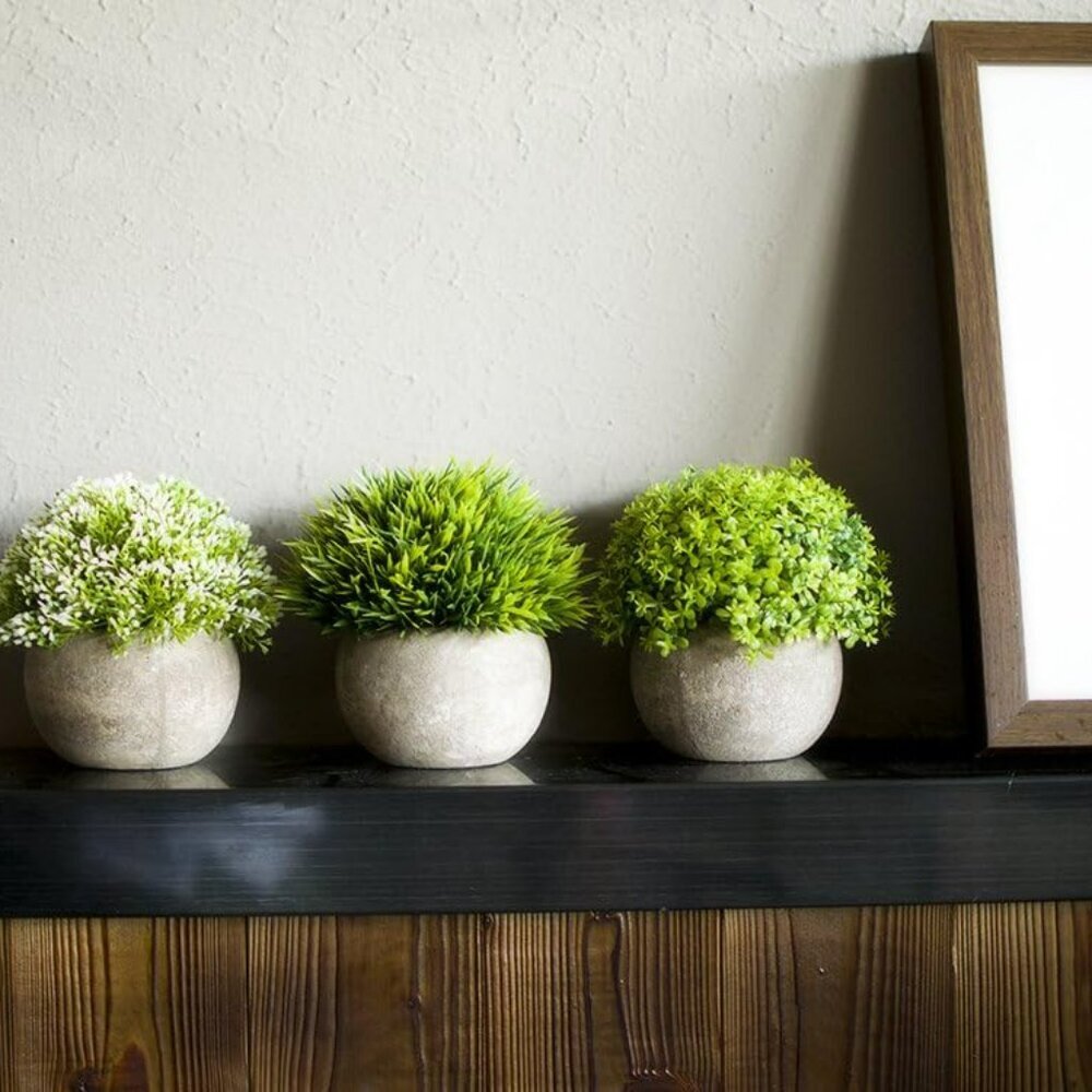 Artificial Plastic Mini Plants Unique Fake Fresh Green Grass Flower in Gray Pot - Picture 5 of 6